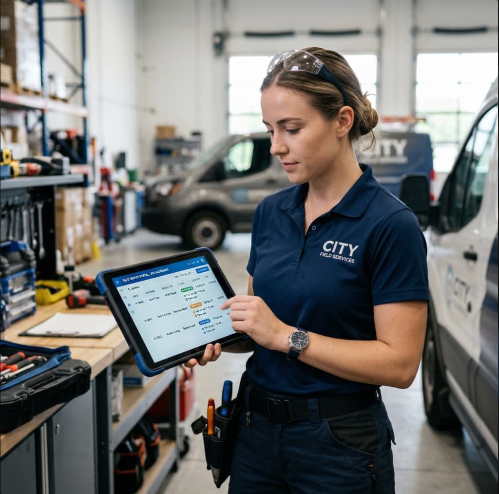 Field technician reviewing live job details on a tablet