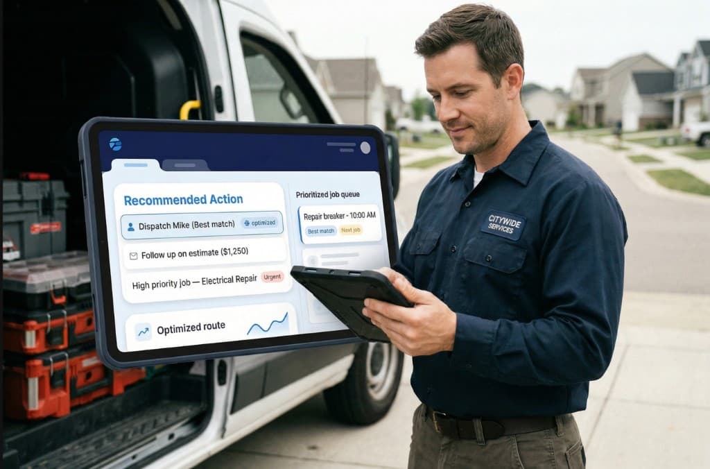 Technician reviewing AI-prioritized jobs and recommended actions on a tablet