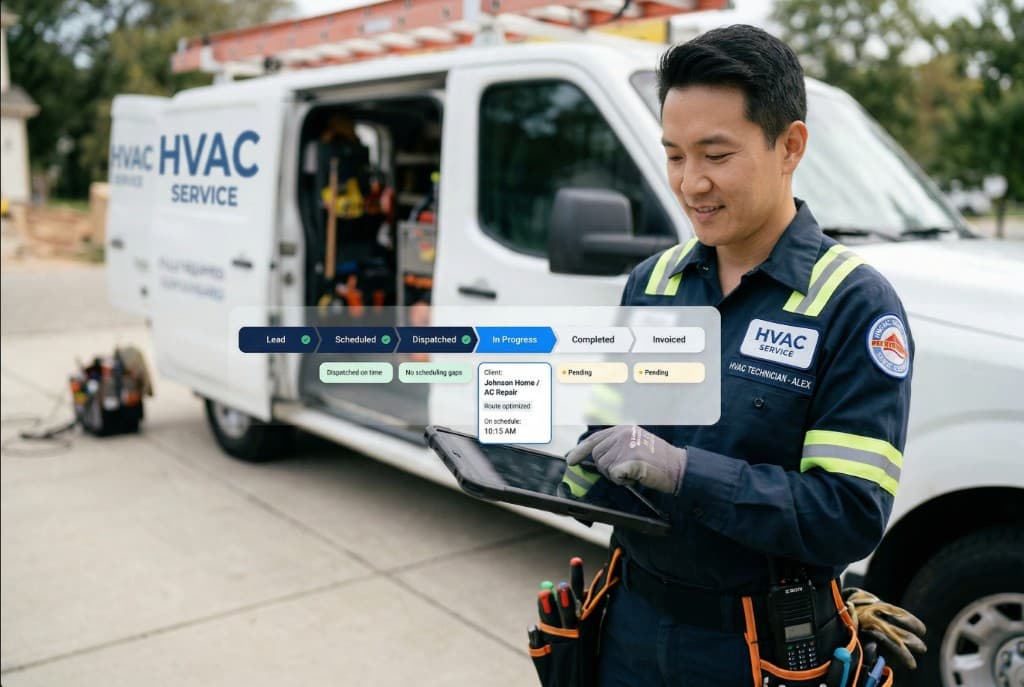 Technician reviewing an automated job workflow on a tablet