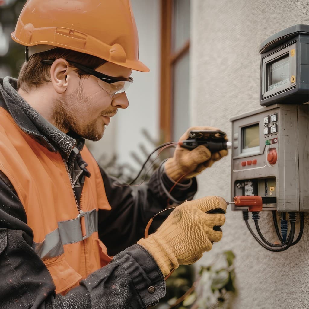 Technician testing an outdoor electrical control panel