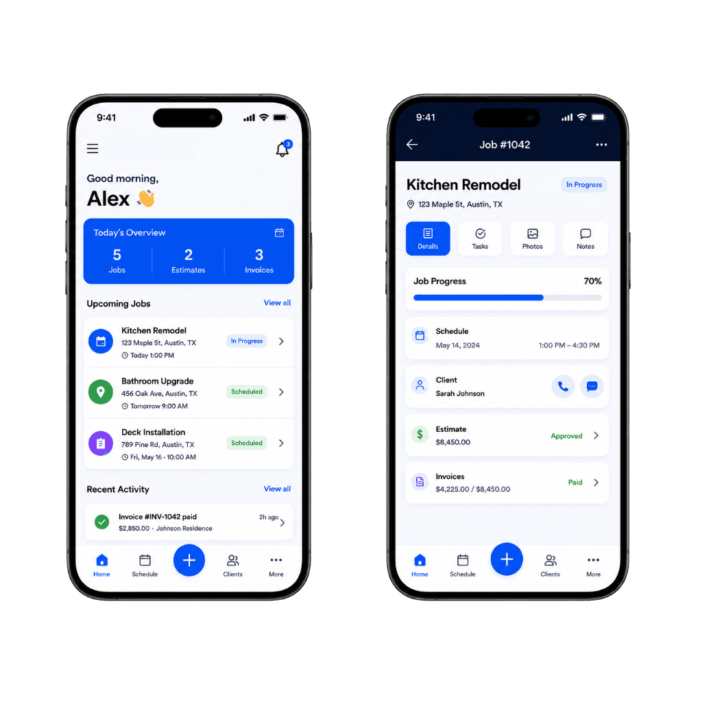 Ergova mobile app showing daily jobs and job details on two phones