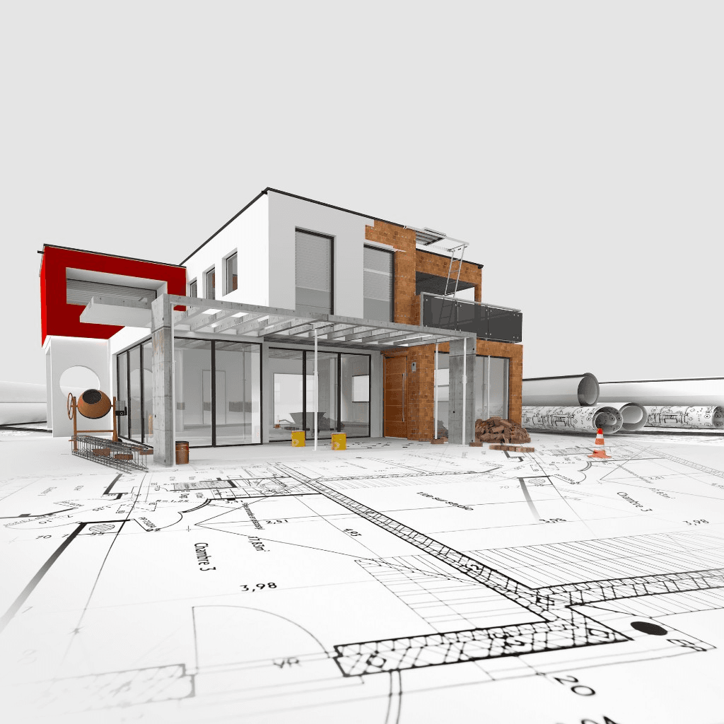 Modern home model rising from architectural blueprints with construction materials