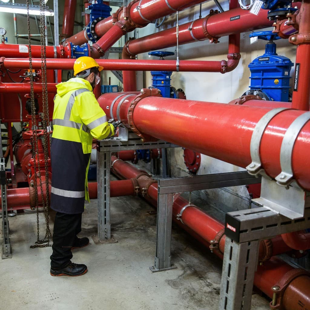 Technician inspecting industrial piping in a utility room
